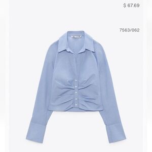 Zara Blue Pinstripe Ruched Front Button Shirt